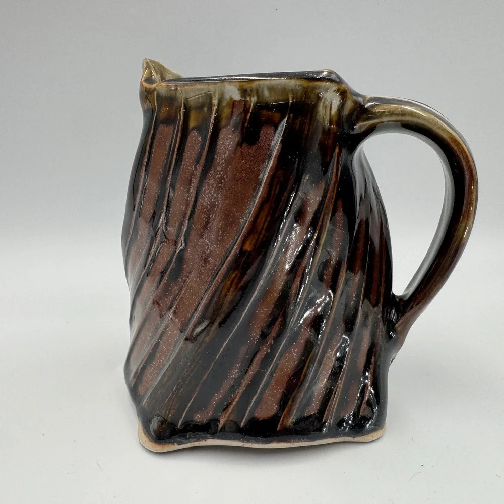 Studio Pottery Spiral Ribbed Pitcher Brown Tan Glossy Glaze Oxblood Red Interior